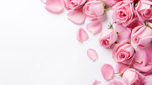 Decorative web banner. Close up of blooming pink roses flowers and petals isolated on white table background. Floral frame composition. Empty space, flat lay, top view