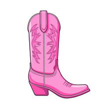 Female Pink Cowboy Boots Isolated Illustration Cowboy Girl Wears Boots. Wild West Theme. Vector Western Cowboy Illustration For Party Poster, Banner. Girl Power, Glamour Style Cowgirl Barbiecore
