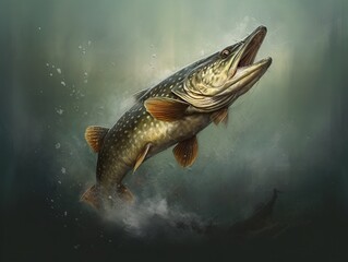 Wall Mural - Pike fish jumping with water splashes, generative ai