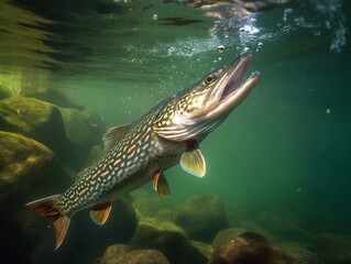 Wall Mural - Pike fish under water, generative ai