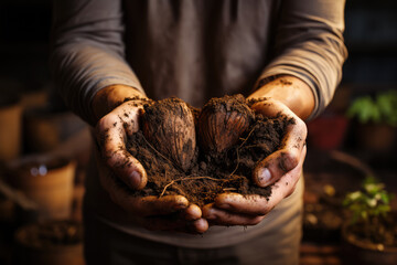 person's hands holding soil in a heart, in the style of abrasive authenticity, daguerreian, brown