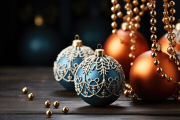 Christmas and New Year decoration with copy space. Christmas balls and baubles on blurred background