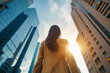© cn0ra - Rear view of a Asian woman in business suit facing a city buildings Generative AI