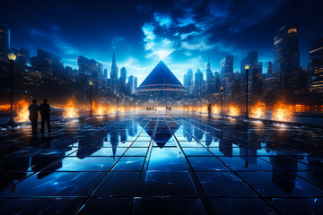 Few people walk by the tiled mirror floors outdoors. Burning fire and night cityscape with pyramid at backdrop.