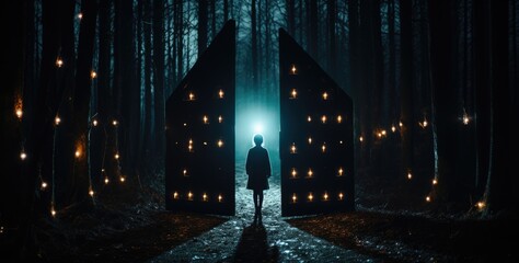 Sticker - A person standing in the middle of a forest at night. AI.