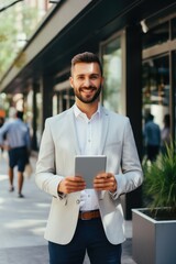 Poster - A man in a white suit holding a tablet. AI.