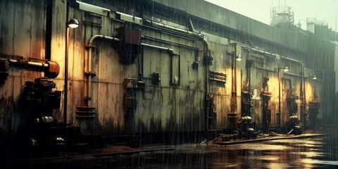 Illustration of a science fiction wall with high tech industrial buildings and towers in the rain. A moody steampunk style. Ai generative art.
