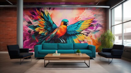 Wall Mural - artsy corporate office wall mural graphic behind couch generative AI