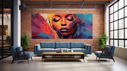 artsy corporate office wall mural graphic behind couch generative AI