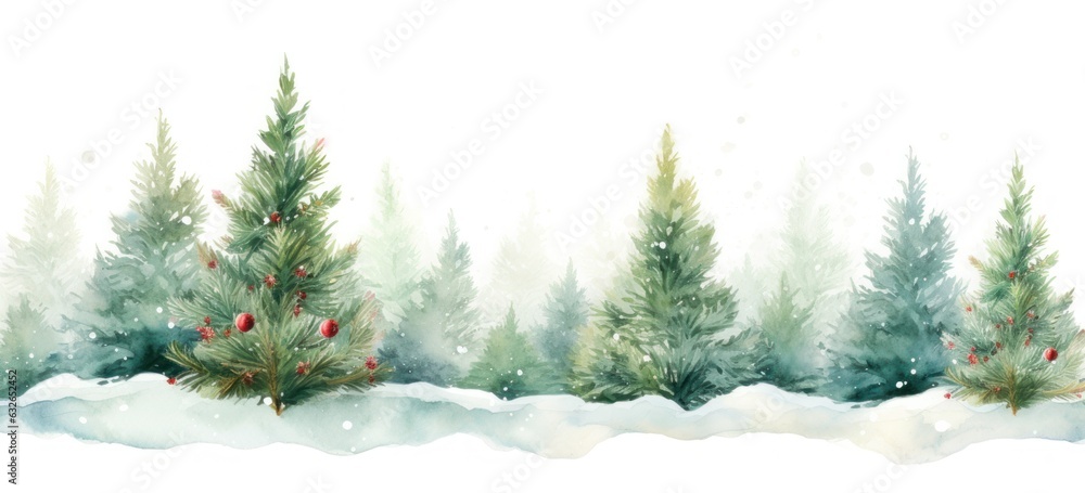 Watercolor illustration of snowy forest with Christmas trees. Winter ...