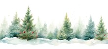 Watercolor Illustration Of Snowy Forest With Christmas Trees. Winter Holiday Backdrop.