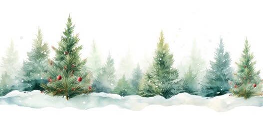 Watercolor illustration of snowy forest with Christmas trees. Winter holiday backdrop.