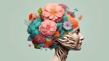 Wall Mural - Human brain with flowers and butterflies, self care and mental health concept, positive thinking, creative mind, Generative AI