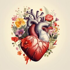 Wall Mural - Human heart with flowers, love and emotion concept, good hearted person, help and charity, Generative AI