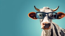 Cow Wearing Sunglasses In Front Of A Blue Background, Surreal Animal Portrait, Generative AI