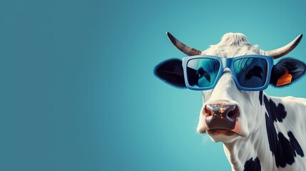 Cow wearing sunglasses in front of a blue background, surreal animal portrait, Generative AI