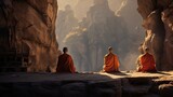 Fototapeta  - buddhist monks in orange saffron robes meditating praying outdoors rocky cliffs, datong hanging monastery china precipitous height generative AI