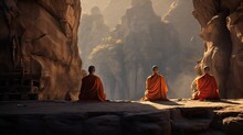 Buddhist Monks In Orange Saffron Robes Meditating Praying Outdoors Rocky Cliffs, Datong Hanging Monastery China Precipitous Height Generative AI