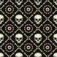 Wall Mural - Geometric halloween pattern with square grid with rhombus cells, bones, half skull without jaw, human red eyeball on dark background. Classic grid pattern. Vintage style.