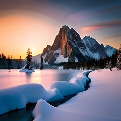 Frozen lake and snow mountain with pine trees at sunrise.