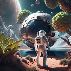 an astronaut walking through a field of plants and trees. ai generative