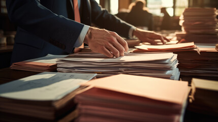 Sticker - Businessman hands working in Stacks of paper files for searching information on work desk in office