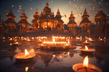 Lights And Colors: Diwali Festivity Background Temple Ai Generated Art