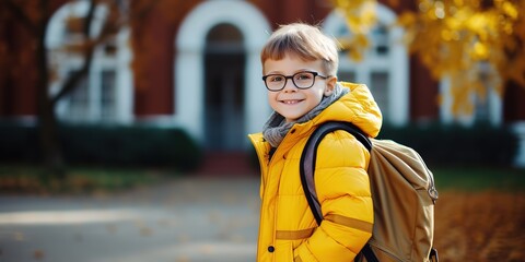 Happy smiling kid in glasses goes to school for the first time.