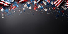 US American Flags And Confetti Star On Concrete Stone Background.