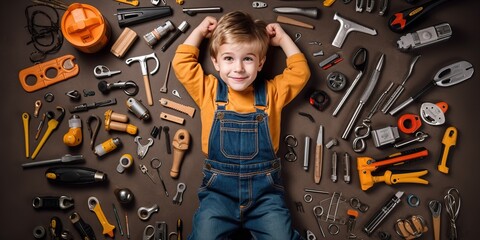 Cute little boy surrounded by toy instruments.