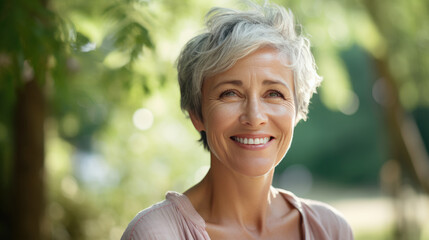 Portrait of a middle-aged woman smiling at the camera.