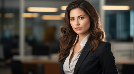 Close up portrait of a smiling young businesswoman in suit standing against office background.Created with Generative AI technology.