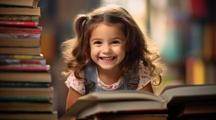 Little girl surrounded by books sits in front of an open book and smiles. Created with Generative AI technology.