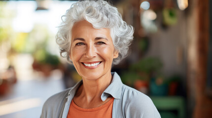 Portrait of a middle-aged woman smiling at the camera.