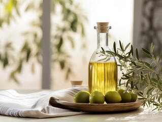 Wall Mural - Bottle with oil and olives, extra virgin olive oil. useful oil for health.
