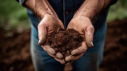 Wall Mural - Man holding some dark soil in hands.