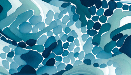 Abstract water pebbles background, blue tones for copy space text. Teal river ripples flowing motion. Lake stones wavy web banner. Watercolor effect blue backdrop. Pool mosaic cartoon waves graphic.