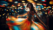 Create a bokeh-laden GIF of a woman twirling in a retro-inspired dress, with colorful lights and patterns reminiscent of the 60s disco era.