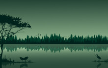 Wetlands Landscape Background Realistic Vector Illustration With Lake  River Birds Flying Green Color Reflection