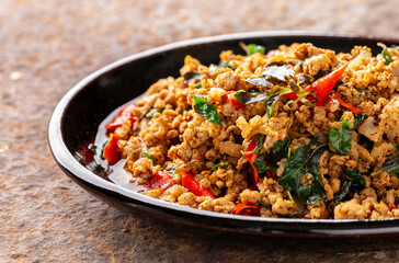 Wall Mural - Stir Fried Holy Basil with Minced Pork, one of popular Thai food, Pad Gaprao Moo Sub, Pat Gra Prao Moo Sap, Pud Kaprao Mhoo Sab, Put Kra Prao Mhoo Sup , Phat Kaphrao Mooh Sub, Phad Krapow Mooh Sub