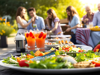 Wall Mural - Vegetarian barbecue party with fish, vegetables and salad, generative ai	
