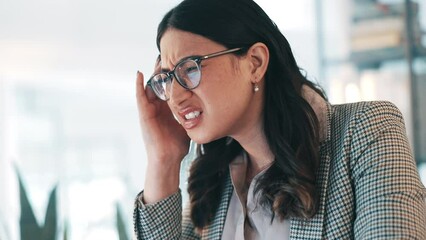 Poster - Stress, business woman and headache at office while overworked, tired and frustrated with pain. Face, glasses and confused entrepreneur person at a desk with depression, weak mindset and anxiety