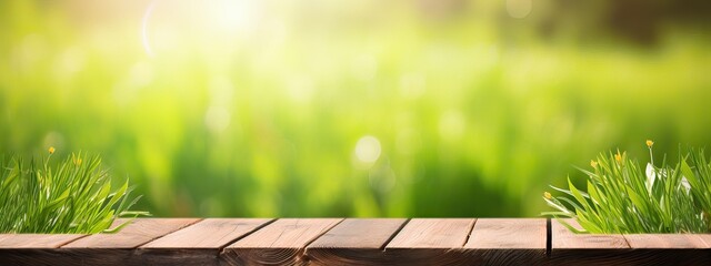 Wall Mural - A beautiful natural background with flooring from old wooden boards and young green juicy grass in the sun with beautiful bokeh