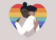 Two characters come together in a warm embrace framed with a heart shape in rainbow colors, a gesture of deep love and affection for each other