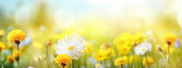 Canvas Print - Beautiful summer natural background with yellow white flowers daisies, clovers and dandelions in grass against of dawn morning. Ultra-wide panoramic landscape, banner format