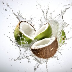 Wall Mural - Coconut splash with fresh water isolated on white background