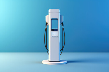 White charging stand for electric cars isolated on flat blue background with copy space. 3d render minimal style illustration.