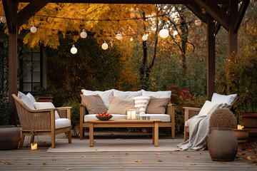 A backyard patio with elegant outdoor furniture , autumn home decor