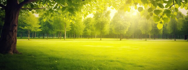 Wall Mural - Beautiful warm summer widescreen natural landscape of park with a glade of fresh grass lit by sun