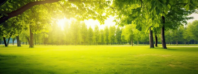 Wall Mural - Beautiful warm summer widescreen natural landscape of park with a glade of fresh grass lit by sun